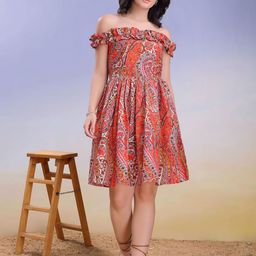 PURVAJA Women Paisley Printed Off-Shoulder Ruffled Smocked Fit & Flare Dress-image-26