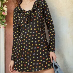 DressBerry Retro Blooms Floral Print Tie-Up Neck Ruffled Mini A-Line Dress-picture-42