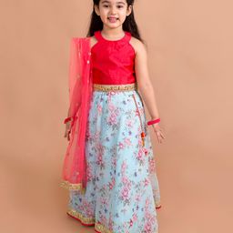 Pspeaches Sleeveless Lace Embellished Choli & Floral Printed Lehenga With Dupatta Set - Red-image-41