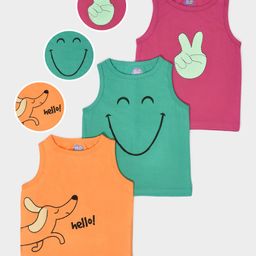 Mi Arcus Unisex Cotton Sleeveless Smiley Print Vests Pack of 3 Orange Green & Pink-image-18