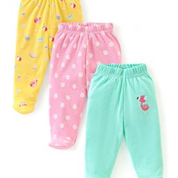Babyhug Cotton Full Length Bootie Leggings Floral & Flamingo Print Pack Of 3- Blue Pink & Yellow-image-99