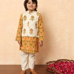 READIPRINT Full Sleeves Floral Motif Printed Kurta & Pyjama With Nehru Jacket Set - Mustard Yellow-image-14
