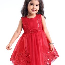 Babyhug Sleeveless  Embroidered Fit & Flare Party Dress with Floral Corsage - Red-image-28