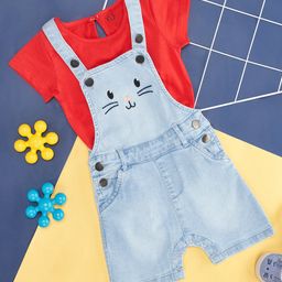 YU by Pantaloons Cat Face Design  Dungaree With Half Sleeves Tee Set - Light Blue-image-87
