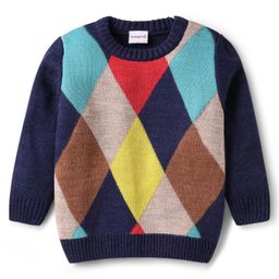 Babyhug Knitted Full Sleeves Pullover Sweater With Argyle Design - Navy Blue-image-62