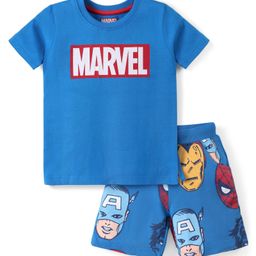 Babyhug Marvel  100% Cotton Knit Half Sleeves Night Suit with Avengers Graphics- Blue-image-21