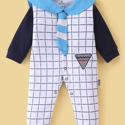 Child World Interlock Full Sleeves Sailor Neck Checked Romper With Tie - White & Light Blue-image-89