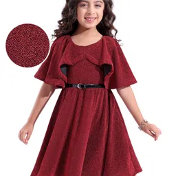 Hola Bonita Flared Sleeves Knee Length  Glittered Frock  - Red-picture-7