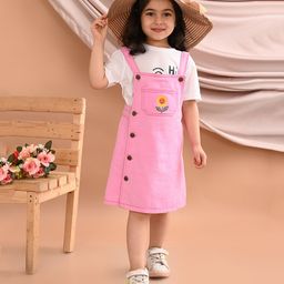 Superminis Denim Sleeveless Floral  Embroidered  Dungaree - Pink-image-24