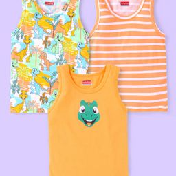 Babyhug 100 % Cotton Knit Sleeveless Striped & Dino Printed Sandos Pack of 3 - Orange & White-image-53