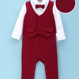Mark & Mia Full Sleeves Solid Colour Party Romper with Bow - Maroon-image-30