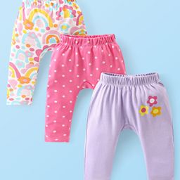 Babyhug Interlock Knit Full Length Diaper Leggings Polka Dots & Floral Print Pack of 3 - Pink & Lilac-image-74