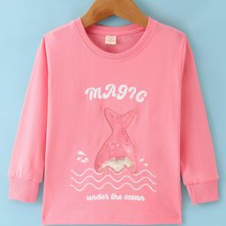Olio Kids Cotton Knit Full Sleeves Winter Wear  T-Shirt with Text & Fish Sequined Applique - Baby Pink-image-11