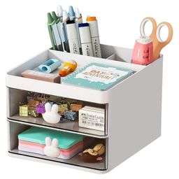 House of Quirk Small Desk Organizer with Drawer Multi Functional Pen Pencil Holder 3 Compartments  2 Drawer for Office Art Supplies-White-image-5