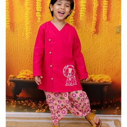 BownBee Pure Cotton Full Sleeves Lion Printed Kurta & Dhoti Set - Pink-image-45
