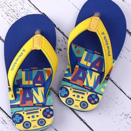 Pine Kids Slip On Flip Flops with Text & Game ControllerPrint - Blue & Yellow-image-4