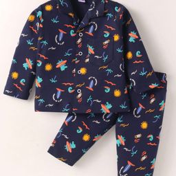 Ben Benny Interlock Knit Full Sleeves Night Suit with Beach Theme Print - Navy Blue-image-80