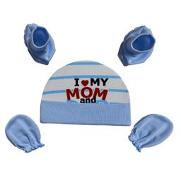 Akinos Kids Cotton I Love My Mom And Dad Text Printed Cap With Mittens & Booties Set - Sky Blue-23
