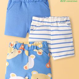 Babyoye 100% Cotton Knit Eco Jiva Finish Shorts with Bear Print & Stripes Pack of 3 - Blue & White-image-62