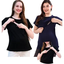 TUMMY Pack Of 2 Viscose Half Sleeves Solid Tops With Nursing Access - Blue & Black-picture-38