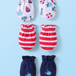 Babyhug 100% Cotton Knit Mittens with Stripe & Nautical Theme Pack of 3 - Red White & Navy Blue-image-102