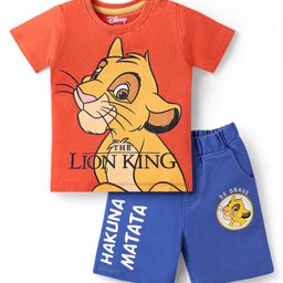 Babyhug Disney Single Jersey Knit Half Sleeves T-Shirt & Shorts Set with Simba Graphics - Dark Orange & Blue-image-18