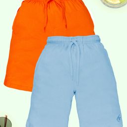 Kiddopanti Cotton Pack Of 2 Solid Shorts - Light Blue & Orange-image-20