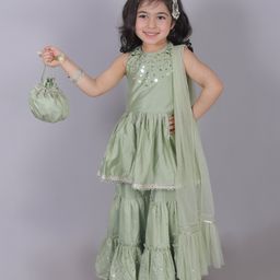 Lil' Drama Viscose Rayon Sleeveless Mirror Work Detailed Kurta Sharara With Dupatta & Potli Set - Sea Green-image-93