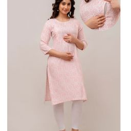 CeleBravo Rayon Three Fourth Sleeves Floral Printed Maternity Kurta With Nursing Access - Pink-image-92