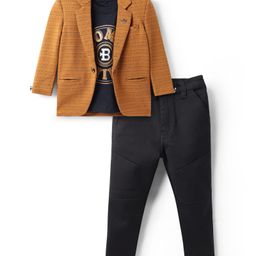 Dapper Dudes Full Sleeves Striped Blazer With Typographic Tee & Pant Set - Mustard-picture-34