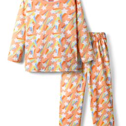 Babyhug Cotton Knit Full Sleeves Co-Ord Night Suit With Star Print - Orange-image-92