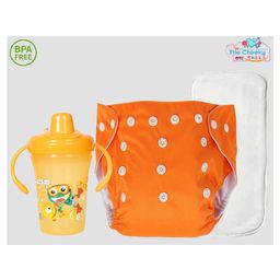The Cheeky Kidzz Baby 1 Pocket Style Button Reusable Cloth Diaper Nappy With Bamboo Microfiber Insert With 250ml Spout Sipper Feeder BPA Free (Orange)-87