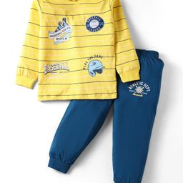 CUCUMBER Sinker Knit Full Sleeves Striped T-Shirt & Lounge Pant Set with Baseball Theme Print - Yellow & Blue-image-69