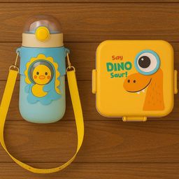 Badal Kidz Carnival Super Dino Lunch Box 2 Layer Stainless Steel Lunch Box and 1 plastic School Sipper - Yellow Blue-picture-4