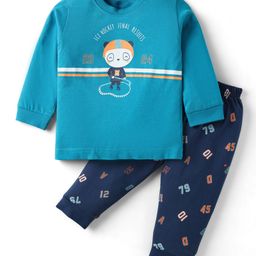 Zero Sinker Knit Full Sleeves Night Suit With Sports Theme Print - Navy Blue & Teal Blue-image-61
