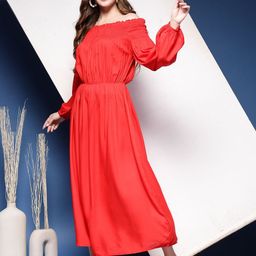DAEVISH Solid Off-Shoulder Puff Sleeve Fit & Flare Maxi Dress-image-27