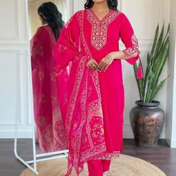THE52 Floral Embroidered V-Neck Thread Work Straight Kurta With Trousers & Dupatta-image-45
