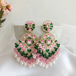 Crunchy Fashion Gold-Plated Green Pink Kundan Studded Party Wear Chandbali-image-63