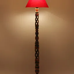 Devansh Red & Brown Cotton Conical Wooden Floor Lamp With Shade-0