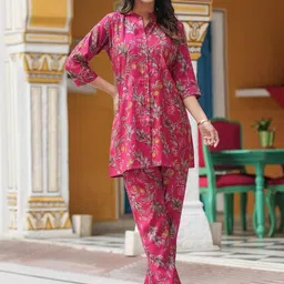 Moda Rapido Women Ethnic Motifs Pink Floral Cotton Blend Co-Ords Set-picture-8
