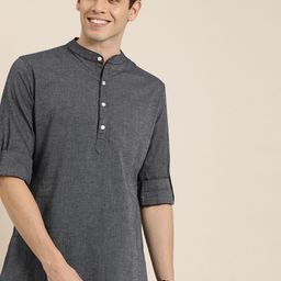 Taavi Men Charcoal Woven Legacy Solid Straight Kurta-36