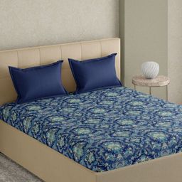 GM Blue & Off White Floral Cotton 210 TC King Bedsheet with 2 Pillow Covers-12
