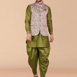PRINTINDIA Mandarin Collar Pure Silk Straight Kurta with Dhoti Pants & Nehru Jacket-image-34