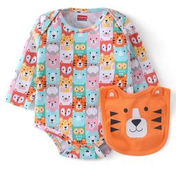 Babyhug 100% Cotton Knit Full Sleeves Onesie with Bib Lion Print - Multicolour-45