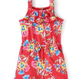 Babyhug Single Jersey Knit Sleeveless Jumpsuit with Floral Print Bow Frill & Pockets Detailing - Red-image-94