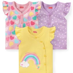 Babyhug 100% Cotton Knit Front Open Frill Sleeves Heart Printed Vest Pack of 3 - Multicolour-image-80