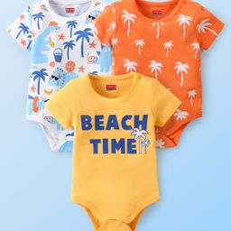Babyhug 100% Cotton Knit Half Sleeves Onesies Dino & Text Print Pack of 3 - Orange Yellow & White-image-74