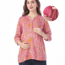 Bella Mama   Woven Three Fourth Sleeves Pintucks Detailing &  Jal Printed  Maternity Top with Pocket - Pink-image-1