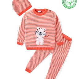 Babyhug Knitted Full Sleeves Striped Sweater Set with Cap & Tiger Patch - Peach-image-124