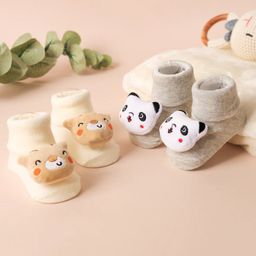 Kicks & Crawl Cotton Pack Of 2 Animal Applique Detailed Crawler Socks - Cream & Grey-image-22